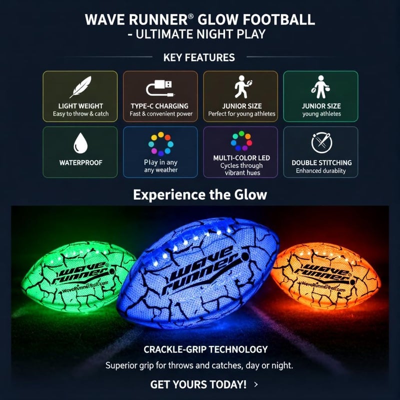 WaveRunner Glow in The Dark LED Football - Junior Size Waterproof Light Up Football, Type-C Rechargeable with Pump, Outdoor Sports Toy for Kids, Teens, and Adults - Image 5
